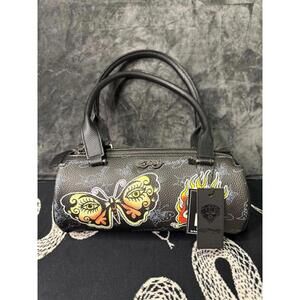 Ed Hardy Tattoo Print Barrel Handbag Butterfly Skull Flames Y2K NWT